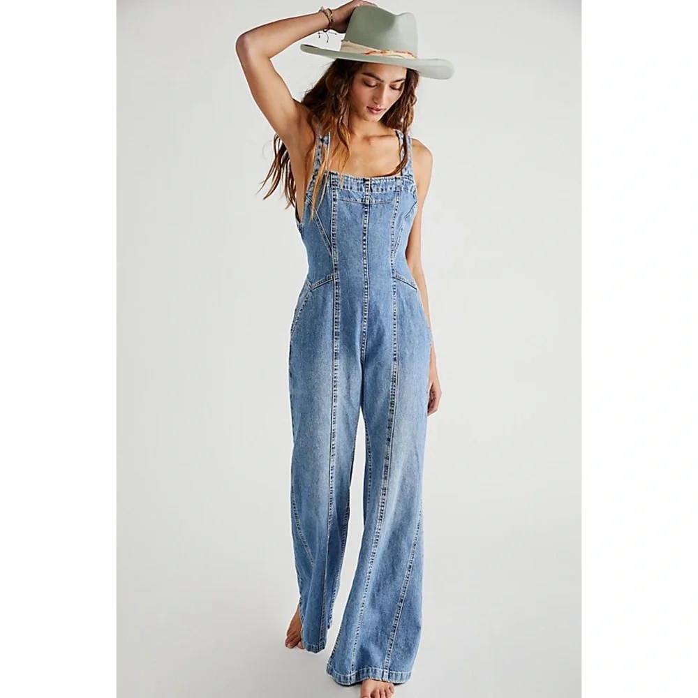 NEW Free People We The Free Kendra Orchid Blue Denim Jumpsuit - Picture 2 of 9